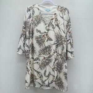 She + Sky White Blue Brown Palm Leaf Floral 3/4 Sleeve‎ Silk Blend Dress